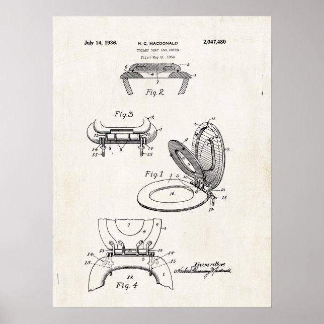 Toalettplats och Täck 1936 Patent Print Poster (Framsidan)