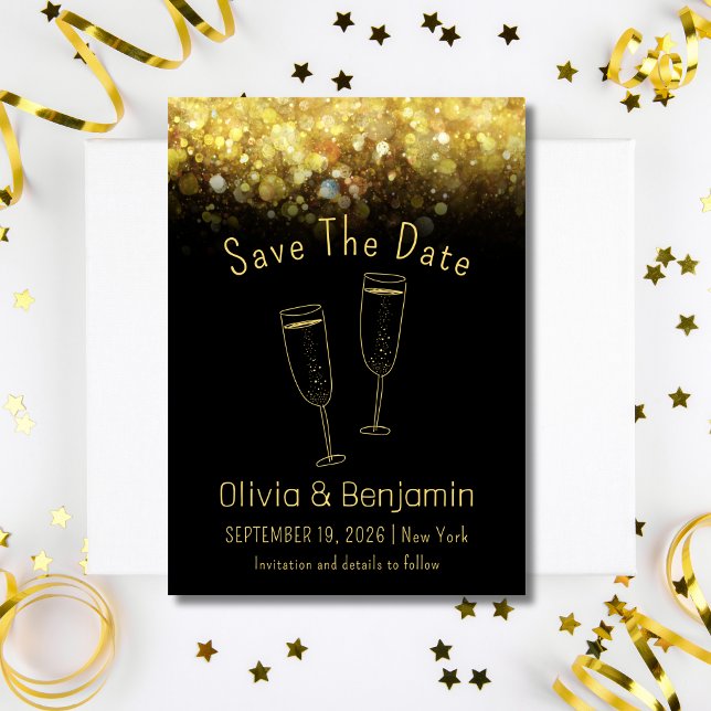 Toast Guld Glitter Black Bröllop spara datum Inbjudningar (Toast  Gold Glitter Black Wedding Save The Date Invitation )