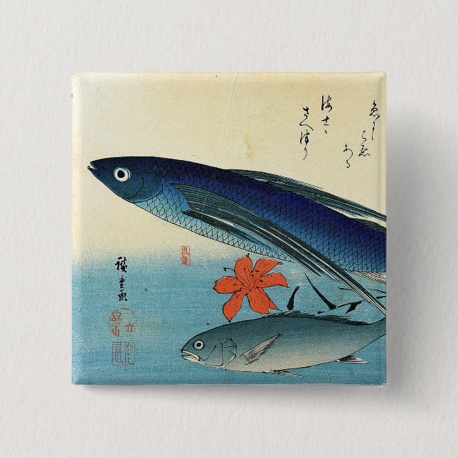 Tobiuo & Ishimochi - Färgfull japansk fiskutskrift Knapp (Framsida)