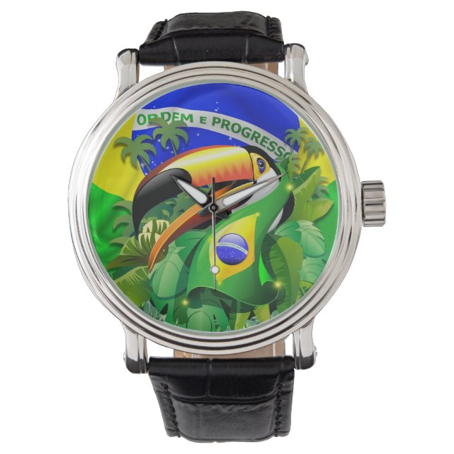 Toco Toucan med Brasiliansk Flagga Armbandsur (Framsida)
