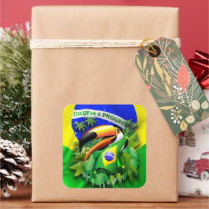 Toco Toucan med Brasiliens Flagga Tie Fyrkantigt Klistermärke