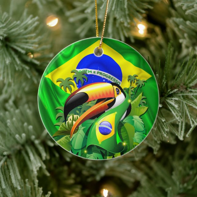 Toco Toucan med Brasiliens Flagga Tie Julgransprydnad Keramik (Träd)