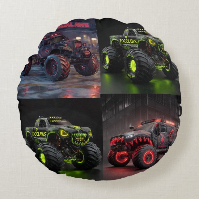 TOCOCLAWS Sumpdjur: Giftig Dödskalle Monstertruck Rund Kudde (Framsidan)