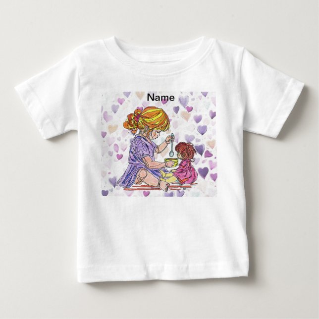 Toddlar T-Shirt Liten Flicka och Babydocka  (Framsida)