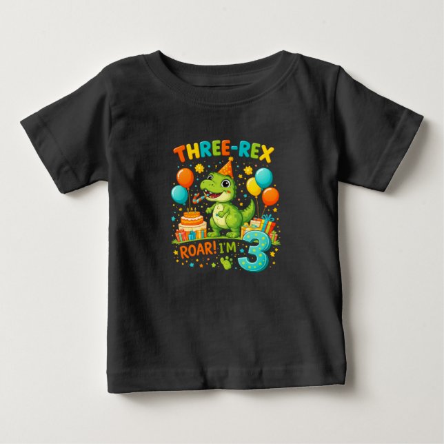 Toddler Birthday T-Shirt – Cute Three Rex Dinosaur (Framsida)