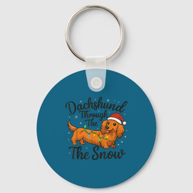 Toddler Long Hair Dachshund Through Snow Christmas Nyckelring (Framsida)