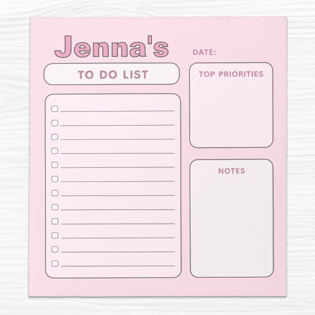 Todo List för Cute Rosa Anpassade Anteckningsblock (cute pink to do list, girly, aesthetic)