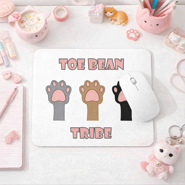 Toe Bean Tribe Cute Kitty Cat Paws Pink Musmatta (A mouse pad with three cat paws and the words toe bean tribe in pink and gray letters.)