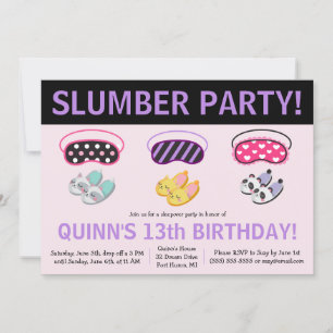Tofflor & Öga Mask Slumber Party Födelsedagsfest Inbjudningar