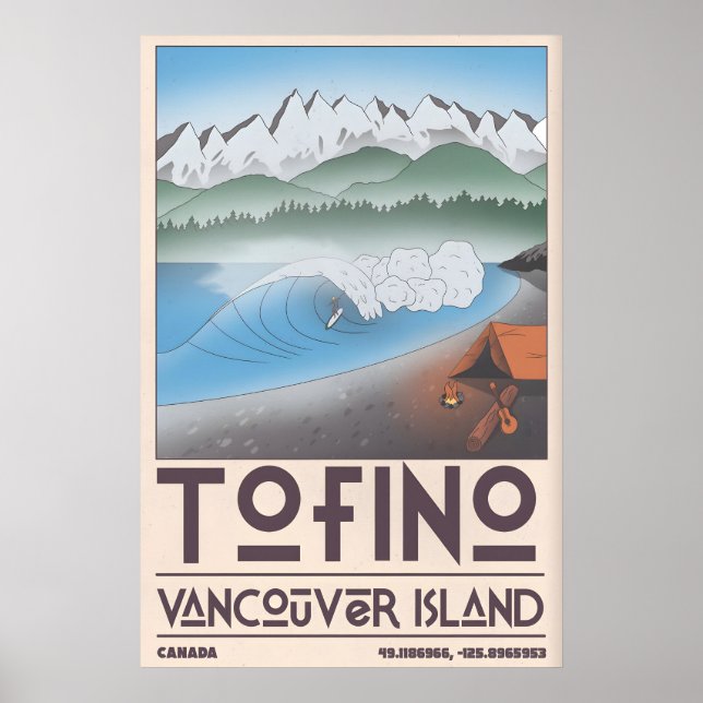 Tofino kustkonsttryck Surfar, tallskog Poster (Framsidan)