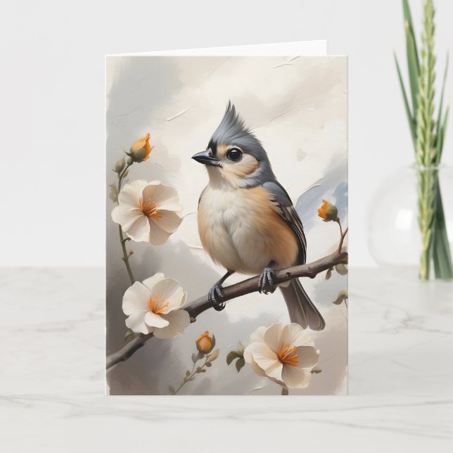 Tofsmes rastar på trädgren blommor blank kort (Framsida)