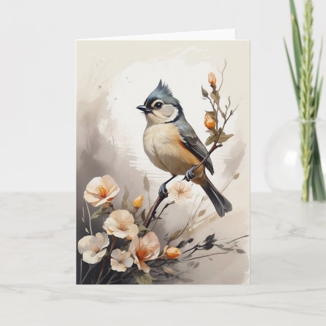 Tofsmesa vilar på trädgren blommor Blank Kort (Framsida)