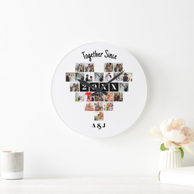 Together Since Year 22 Heart Photo Collage Couple Stor Klocka (Hem)