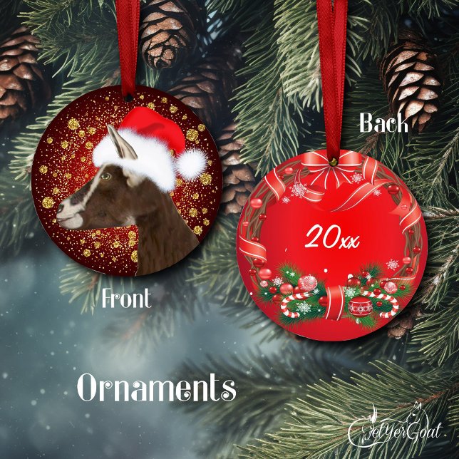 Toggenburg Goat Santa Hat-julprydnad Julgransprydnad Keramik (Oil Portrait of my Toggenburg goat, Tawny - Santa hat and gold snowflakes -dated on back #zazzlemade)