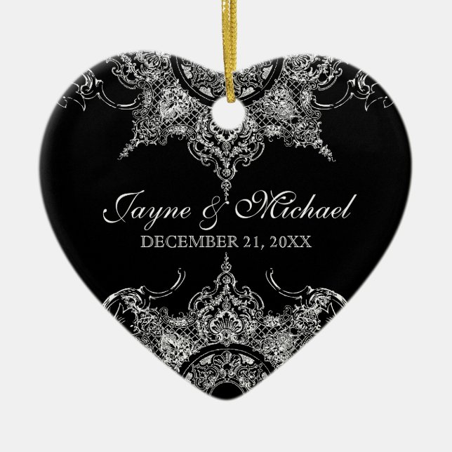 Toile Black n White Damask Swirl Första jul Julgransprydnad Keramik (Framsidan)