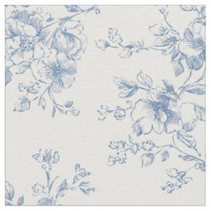 Toile Blommig Bukett Blå Kräm Vintage Botanisk Tyg