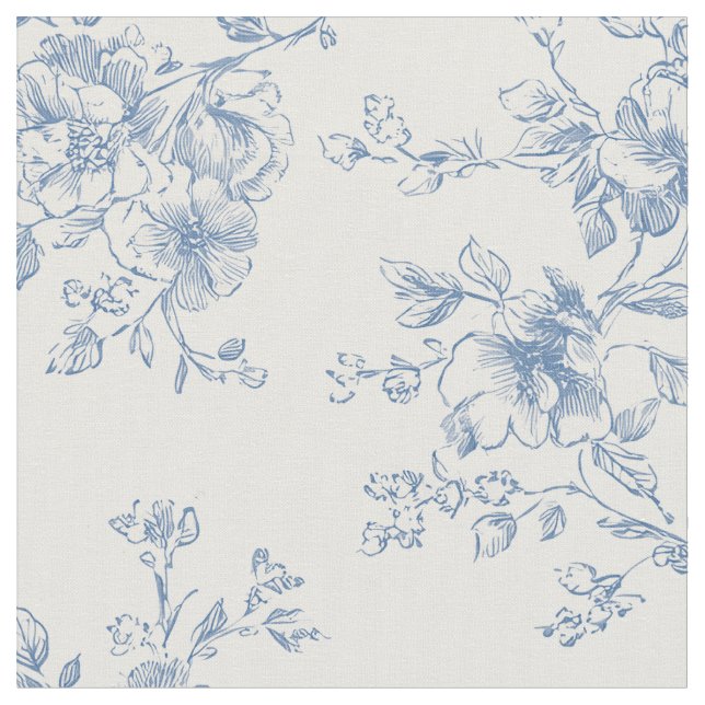Toile Blommig Bukett Blå Kräm Vintage Botanisk Tyg (Närbild)