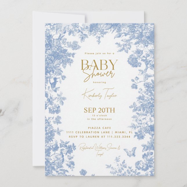 Toile Blommigt Blue Baby Shower Inbjudningar (Framsida)