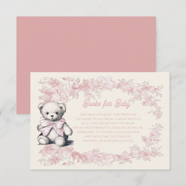 Toile Blommigt Rosa Nalle Bokar för Baby Inbjudningar (Fram/baksida)