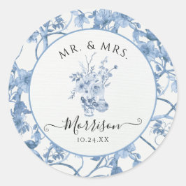 Toile Blue and White Mr och Mrs Blommigt Bröllop Runt Klistermärke