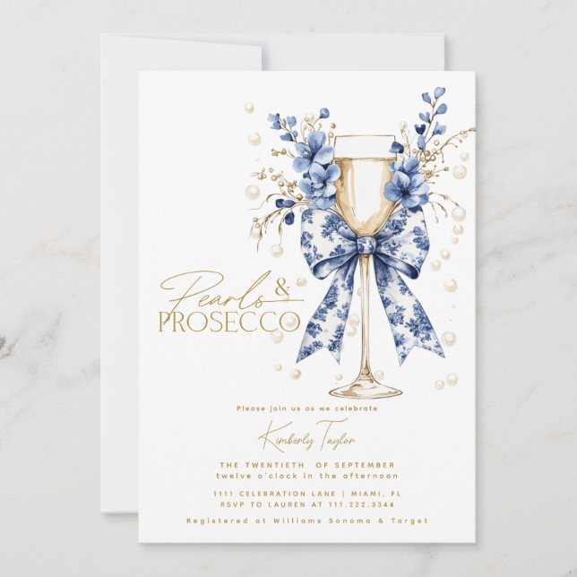 Toile Bow Floral Pärlor & Prosecco Bröllopsdusch Inbjudningar (Framsida)