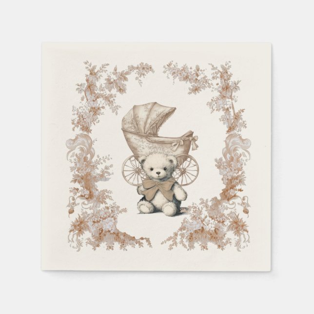 Toile Brown Nalle Carriage Baby Shower Pappersservett (Framsidan)