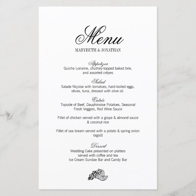 Toile & Calligraphy Bröllop Menu (Framsida)