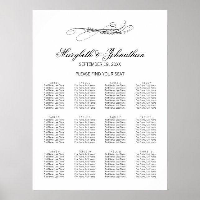 Toile & Calligraphy Bröllop-sätesdiagram Poster (Framsidan)