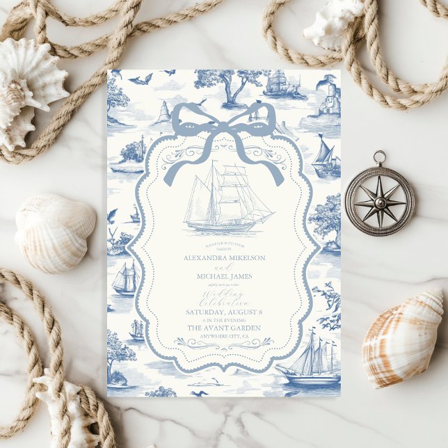 Toile Chic Nautical Bow Bröllop Inbjudningar (Skapare uppladdad)