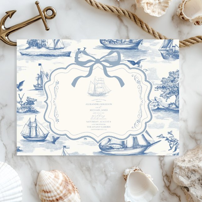 Toile Chic Nautical Bow Bröllop Inbjudningar (Skapare uppladdad)