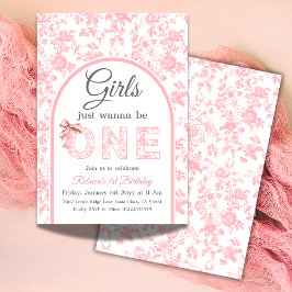 Toile Coquette Rosa Bow Girl Första födelsedagen Inbjudningar