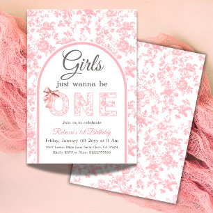 Toile Coquette Rosa Bow Girl Första födelsedagen Inbjudningar
