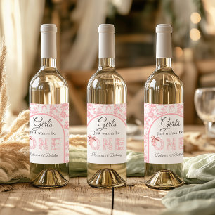 Toile Coquette Rosa Bow Girl Första födelsedagen Vinflaska Etikett