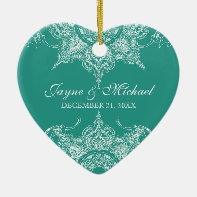 Toile Damask Swirl Första jul Teal Grönt Julgransprydnad Keramik (Framsidan)