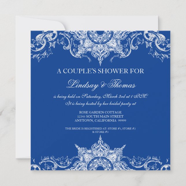 Toile Damask Swirl Par Shower Royal Blue Inbjudningar (Framsida)