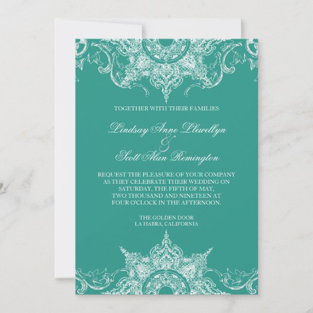 Toile Damask Swirl Wedding Teal Grönt Inbjudningar (Framsida)