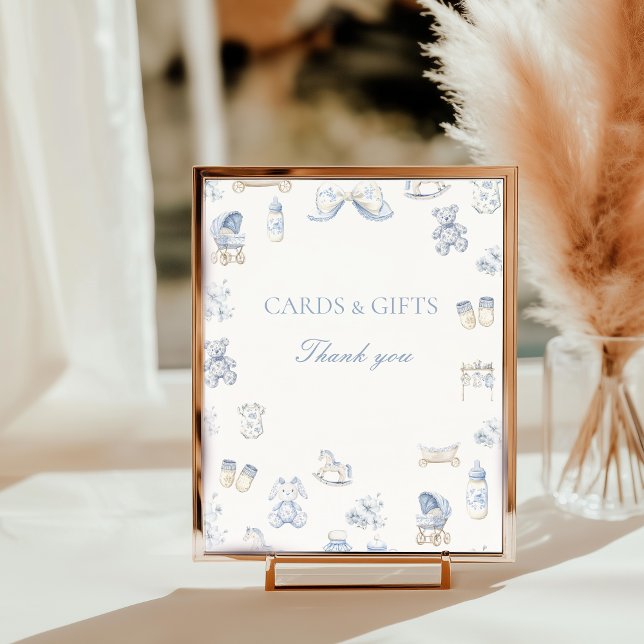 Toile De Jouy Baby Shower Blå Band Bordsskylt Fototryck (Toile De Jouy Baby Shower Blue Bow Table Top Sign)