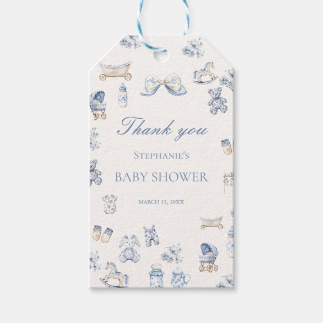 Toile De Jouy Baby Shower Blå Bow Boy Presentetikett (Framsidan)