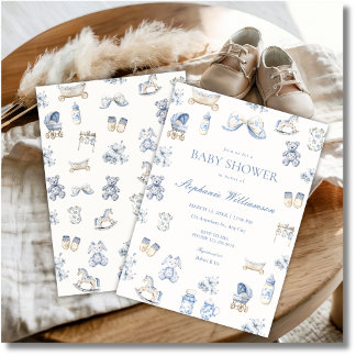 Toile De Jouy Baby Shower Blå Bow Pojke Inbjudan