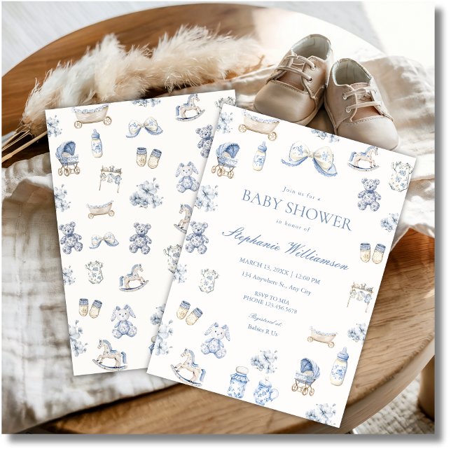 Toile De Jouy Baby Shower Blå Bow Pojke Inbjudan (Skapare uppladdad)