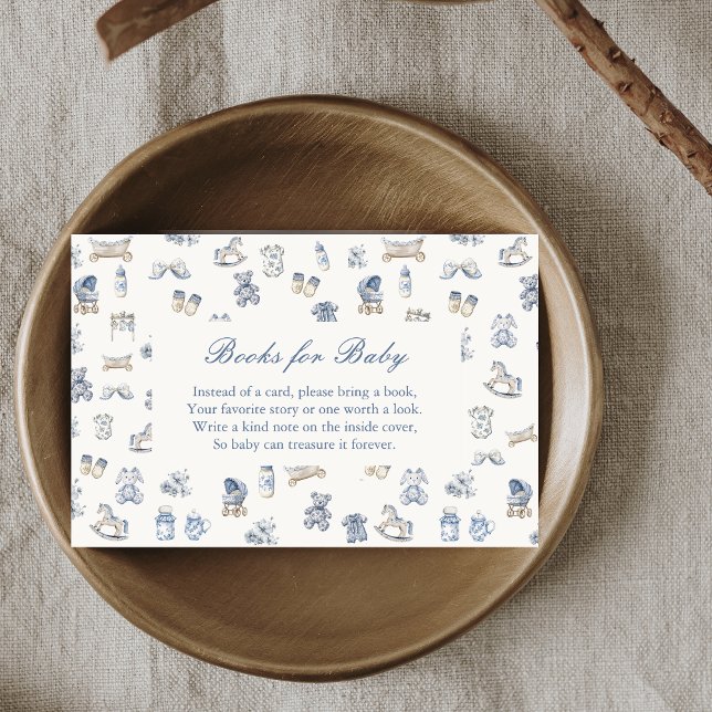 Toile De Jouy Baby Shower Blue Bow Books for Baby Tilläggskort (Toile De Jouy Baby Shower Blue Bow Books for Baby Enclosure Card)