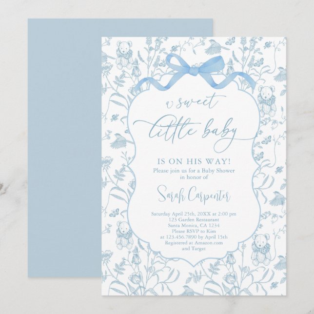 Toile De Jouy Baby Shower blue Bow Boy-inbjudan Inbjudningar (Fram/baksida)