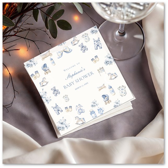 Toile De Jouy Baby Shower Blue Bow Boy Pappersservett (Toile De Jouy Baby Shower Blue Bow Boy Napkin)