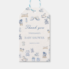 Toile De Jouy Baby Shower Blue Bow Boy Presentetikett