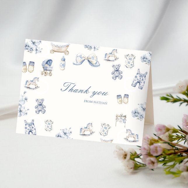 Toile De Jouy Baby Shower Blue Bow Boy Tack Kort (Toile De Jouy Baby Shower Blue Bow Boy Thank You Card)