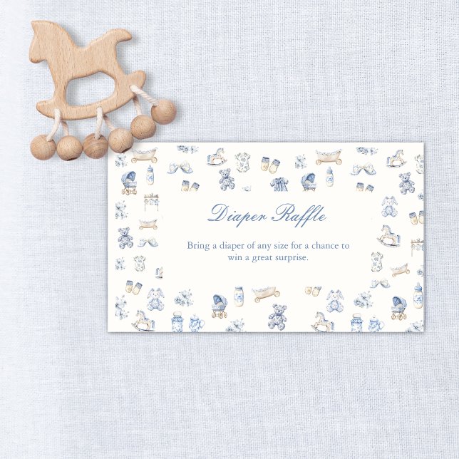 Toile De Jouy Baby Shower Blue Bow  Diaper Raffle Tilläggskort (Toile De Jouy Baby Shower Blue Bow Diaper Raffle Enclosure Card)
