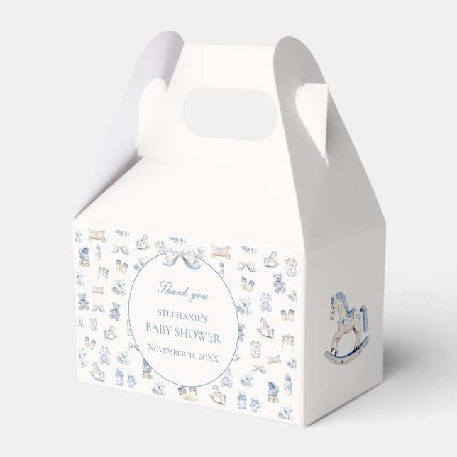 Toile De Jouy Baby Shower Blue Bow Favor Box Presentaskar (Framsidan Sidan)
