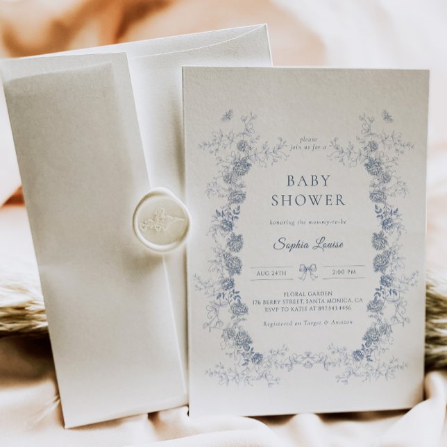 Toile de Jouy Baby Shower Blue Chinoiserie Blommig Inbjudningar (Skapare uppladdad)