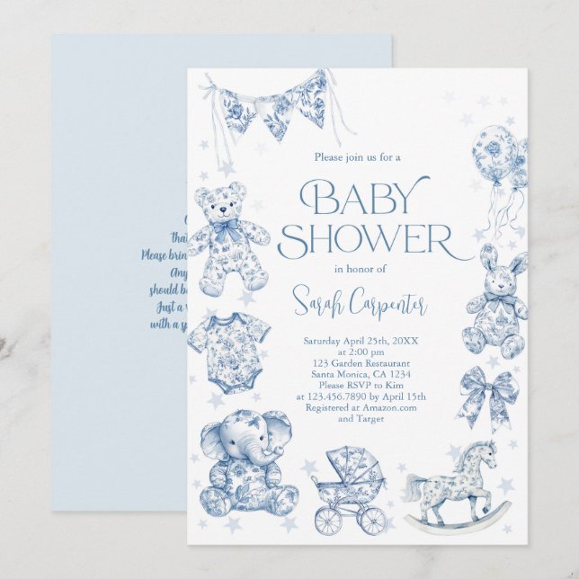 Toile De Jouy Baby Shower Boy Inbjudningar (Fram/baksida)