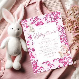 Toile de Jouy Baby Shower Dusty Rosa Nalle Inbjudningar